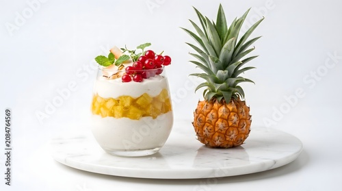 Layered Mango Yogurt Parfait with Red Currants and Fresh Pineapple on White Plate