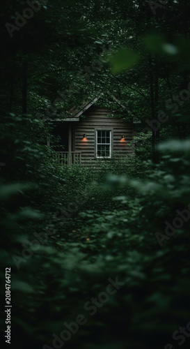Secluded Wooden Cabin Nestled Deep Within Verdant Forest Landscape