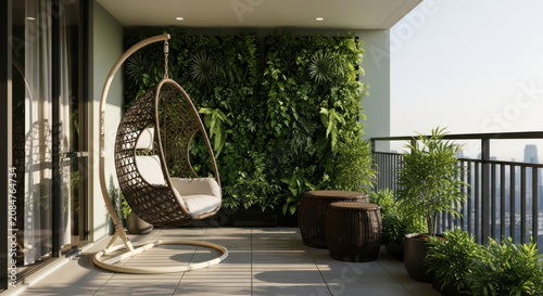 Serene Balcony Oasis With Hanging Chair And Lush Vertical Garden