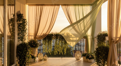 Serene Balcony Oasis With Hanging Plants And Flowing Curtains At Sunset