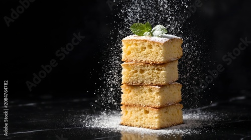 Stacked Vanilla Sponge Cake Squares Dusted with Powdered Sugar and Mint on Dark Background