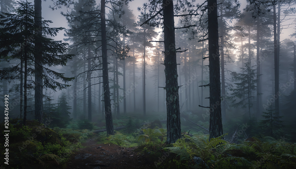 Fototapeta premium Misty forest at dawn with tall pine trees and lush green ferns creating a serene, mysterious atmosphere.