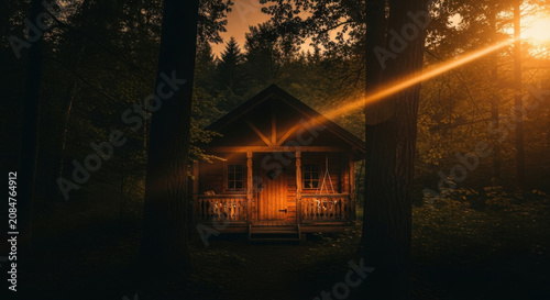 Secluded Woodland Cabin Bathed In Warm Sunset Light Serene Escape