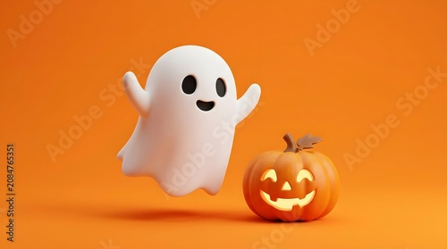 Cute 3d ghost character floating next to a glowing carved jackolantern pumpkin on an orange background