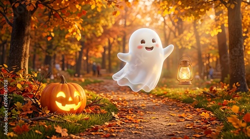 Cute little ghost holding a glowing lantern in a beautiful autumn forest with fallen leaves and a carved pumpkin