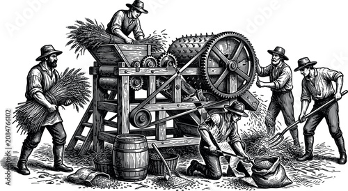 Photos Vintage Style Woodcut Vector Illustration of Farmers Operating a Threshing Machi