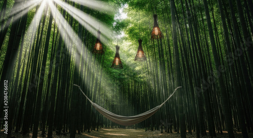 Serene Bamboo Forest Escape With Hanging Lights And Hammock