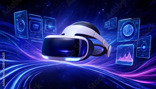 Futuristic virtual reality headset floating in a digital cyberspace with glowing data panels