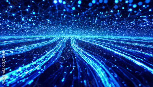 Futuristic digital data network concept with glowing blue light streams and particle effects