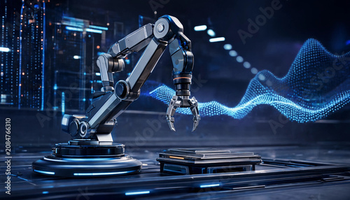 Futuristic industrial robotic arm working in a high tech laboratory with digital data graphs
