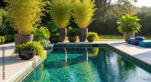 Serene Backyard Oasis With A Sparkling Pool And Lush Greenery