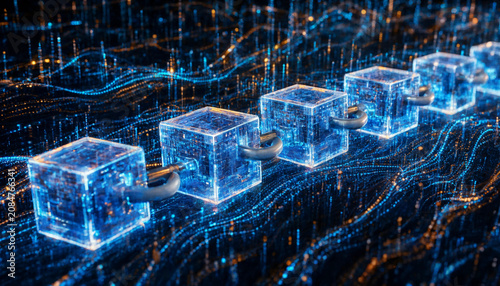 Futuristic blockchain network concept with glowing digital data blocks in a virtual space