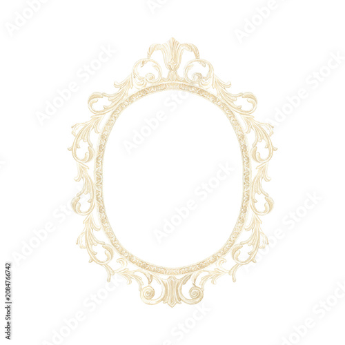 Elegant watercolor baroque oval frame in coquette aesthetic isolated illustration. Hand drawn template with copy space featuring delicate beige ornamentation for romantic invitations and vintage decor