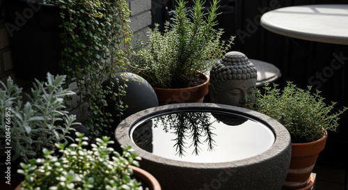 Serene Balcony Garden Oasis With Buddha Statue And Water Feature