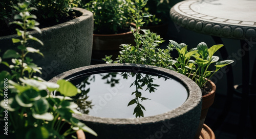 Serene Balcony Garden Oasis With Reflecting Water Basin And Potted Herbs