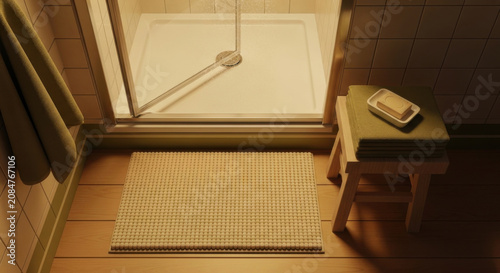 Serene Bathroom Scene With Shower And Towels On Stool