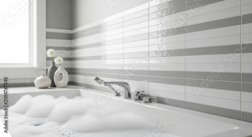 Serene Bathtub With Bubbles And Modern Tile Accent Wall