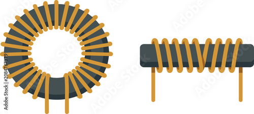 Bilde på lerret Toroidal and Solenoid Inductor Coil Vector Set Featuring Copper Wire Wound Aroun