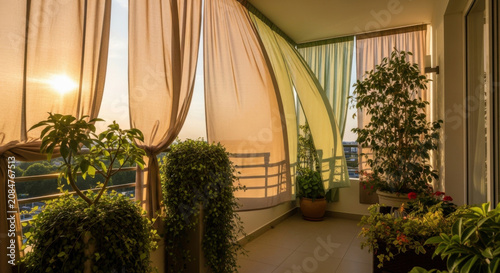 Serene Balcony Oasis Bathed In Golden Sunset Light