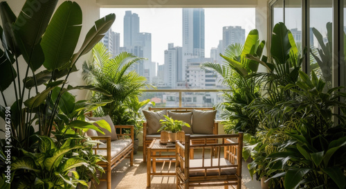 Serene Balcony Oasis Lush Greenery Meets Urban Skyline Charm