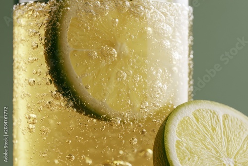 Sparkling water with lime slices, effervescent bubbles in a glass, fresh summer drink