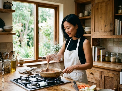 Woman wearing apron cooking food in a rustic kitchen, home cooking.