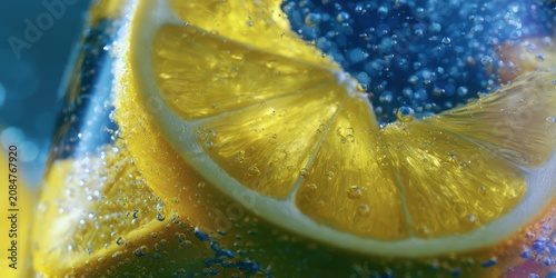 Lemon slice submerged in sparkling blue water, effervescent bubbles, refreshing summer citrus macro