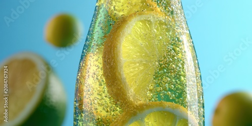 Lemon slices in sparkling water, glass bottle macro, turquoise background, refreshing summer beverage