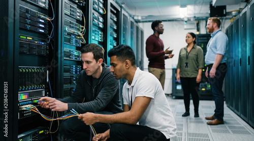 Engineers maintain data center servers and discuss networks