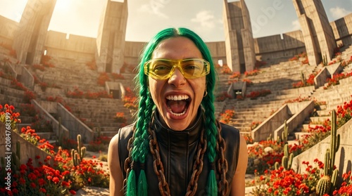Excited Woman with Green Hair in Futuristic Arena
