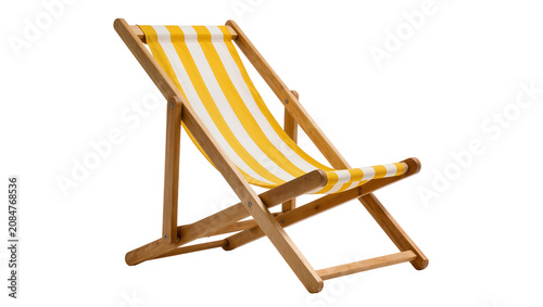 Cuadro en lienzo Isolated striped deck chair with yellow and white canvas, wooden frame for summer beach leisure