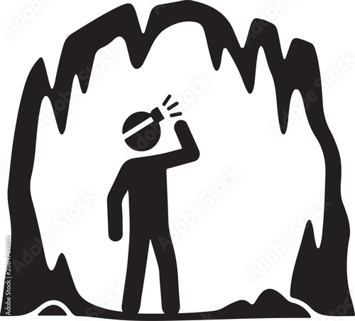 Foto Caving explorer icon with headlamp, spelunking man silhouette in underground cav