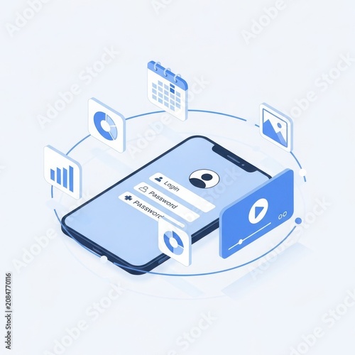 Modern isometric smartphone interface concept with data charts calendar and photos for app development ux design