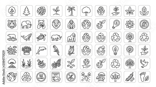 A collection of various icons featuring animals, plants, and objects arranged in rows on a white background with detailed illustrations.