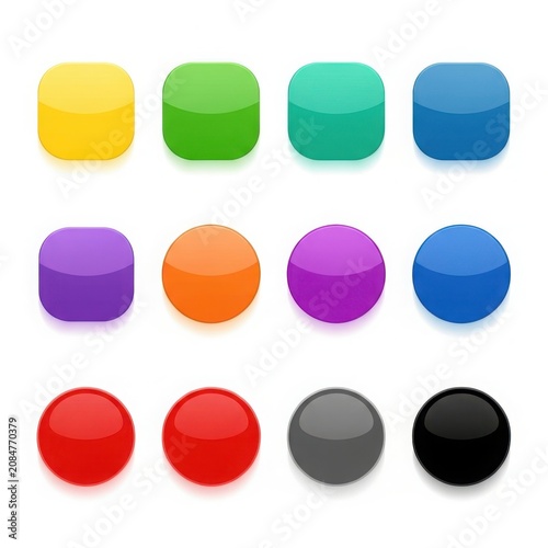 Collection of rounded square and circle ui web elements with glossy 3d style in various vibrant colors