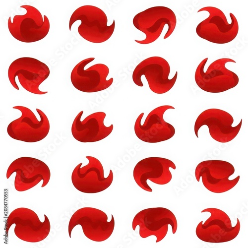 Collection of abstract swirling red glossy shapes representing dynamic energy and fluid movement for ui design elements