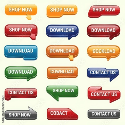 Collection of glossy web buttons for online stores and applications shop now download contact us