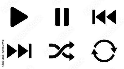 Foto Minimalist Black Media Player Icons Set: Play, Pause, Skip, Shuffle, Repeat, Vec
