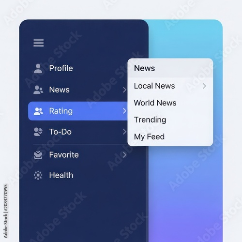 Modern ui web element design featuring a navigation sidebar with user profile news and favorite options for app development