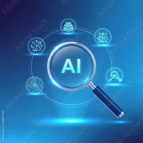 Ai technology innovation explore intelligent digital future through magnifying glass with connected data icons