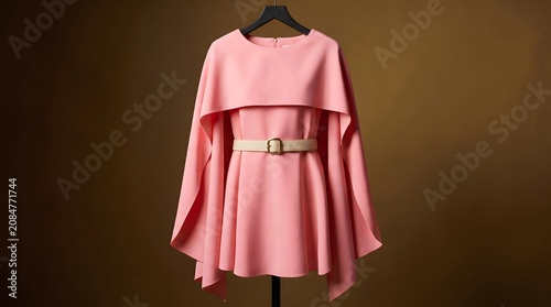 Elegant pink dress with cape detail and beige belt displayed on a hanger against a warm brown background emphasizing fashion