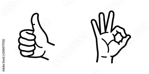 Foto Thumbs up and OK hand gesture icon set in black outline style, vector illustrati