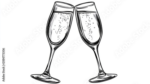 Two champagne flutes, celebratory toast, black and white illustration
