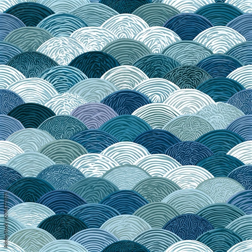 Japanese style blue ocean waves seamless pattern. Stylized ocean waves creating a calming blue and white seamless pattern background