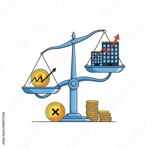 Balance scale showing stock market growth over coins