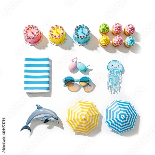 Colorful beach and dessert flat illustration set