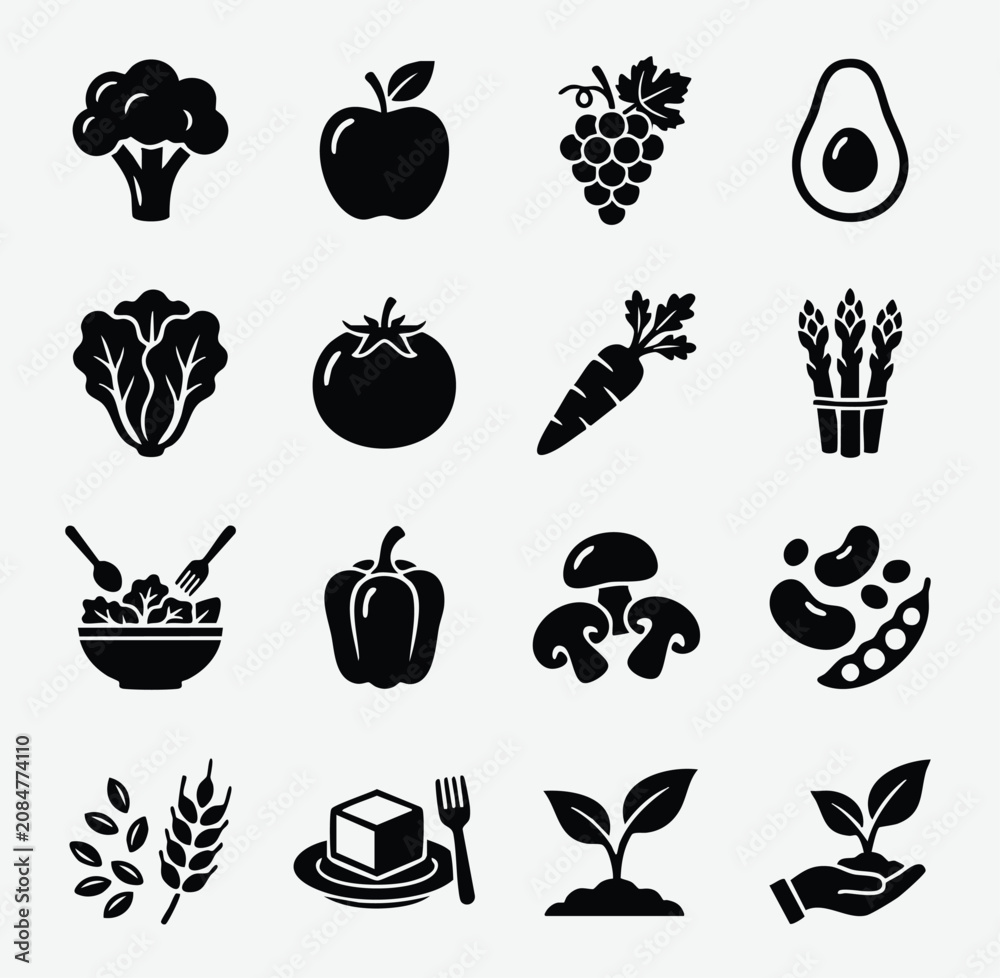 Fototapeta premium Set of organic food and farming icons in black silhouette style with vegetables agriculture nutrition broccoli asparagus mushrooms cultivation vegetarian ingredients botanical lifestyle