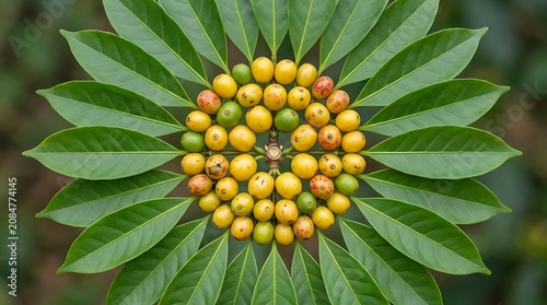 Close up of vibrant coffee berry cluster on green leafy plant in natural light