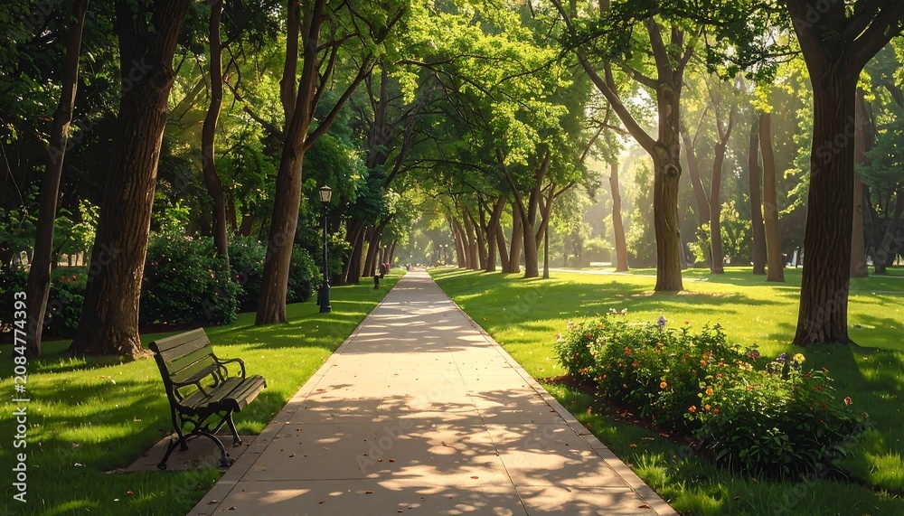 Fototapeta premium A serene park scene features a paved walkway leading through rows of lush green trees, bathed in warm sunlight. A bench rests on the left
