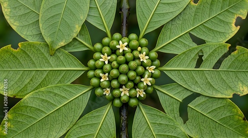 Close up of vibrant coffee berry cluster on green leafy plant in natural light